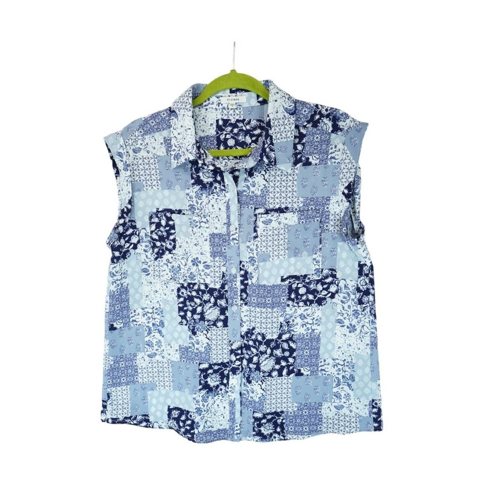 Pleione Womens Sleeveless Blouse‎ Blue Button Front Polyester Top Size M